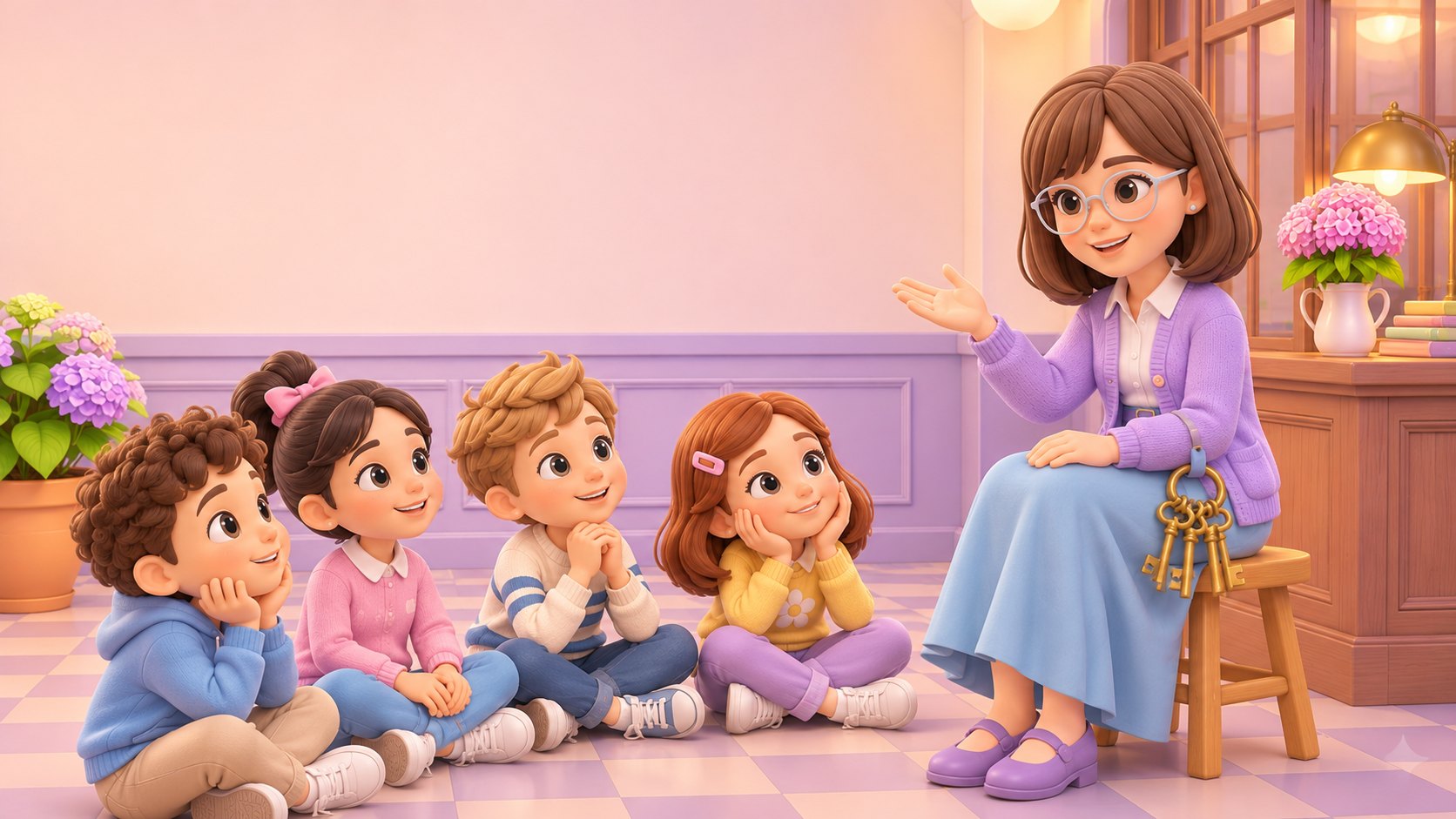 Maestra Giulia con i bambini nell'androne del palazzo