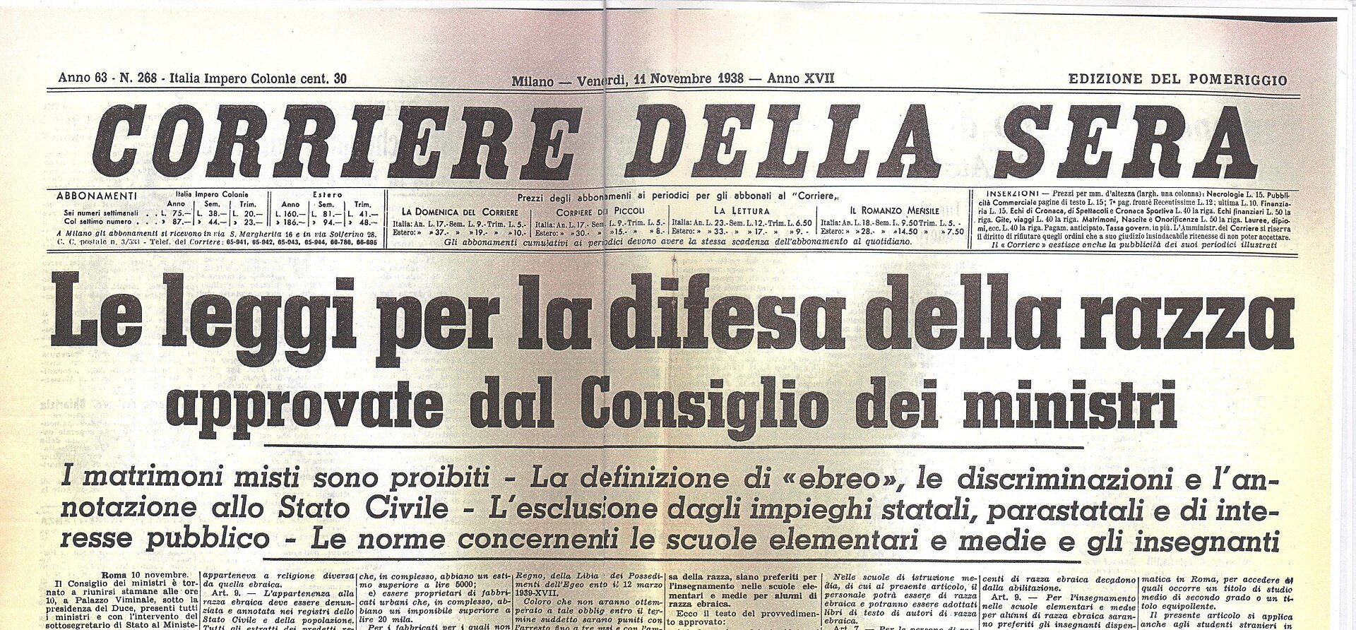Prima pagina del Corriere della Sera dell'11 novembre 1938 sulle leggi razziali